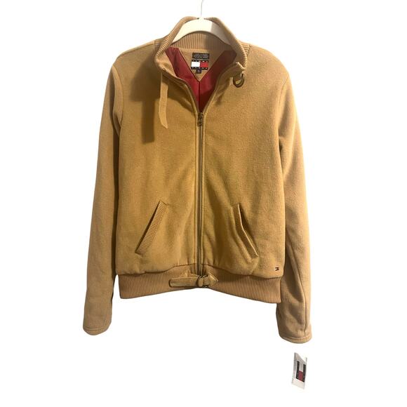 Vintage Y2K Deadstock NWT Tommy Hilfiger Bomber Jacket Fleece Tan Women's sz. XL - Picture 1 of 11